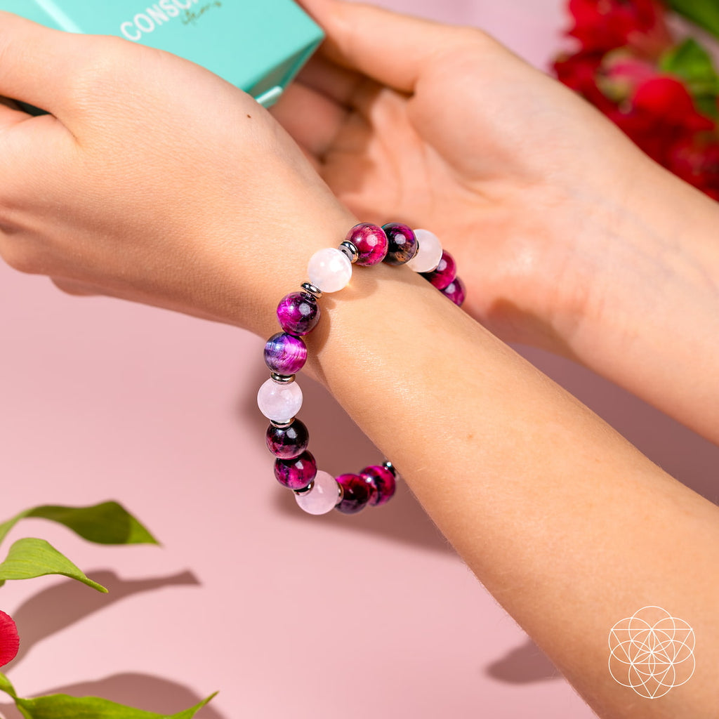 Pink galaxy tiger's eye bead bracelet, view 3