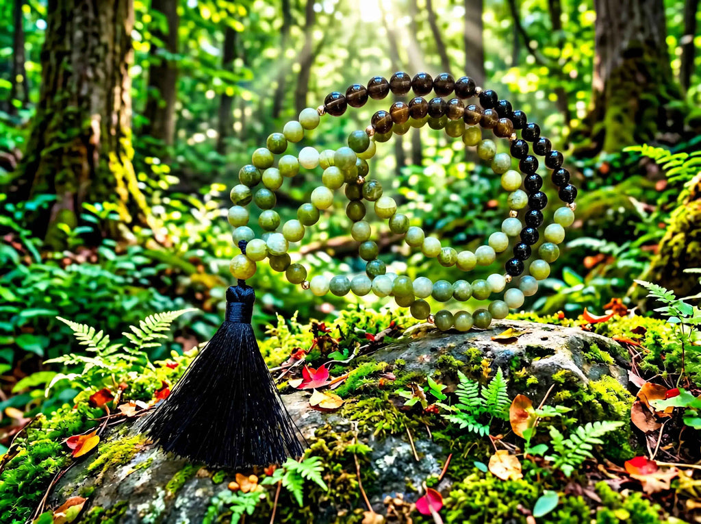 Forest Sage green jade mala necklace with black tassel
