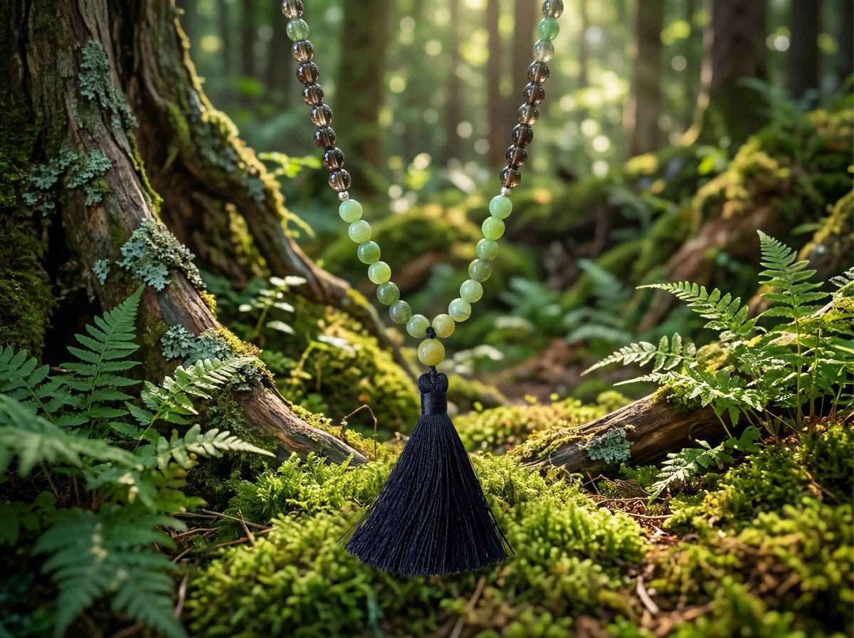 Forest Sage green jade mala necklace with black tassel, view 2