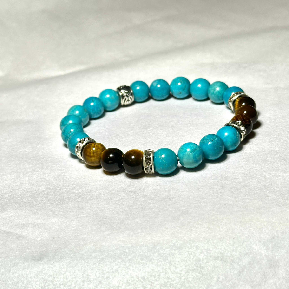 8mm blue howlite and tiger eye bead bracelet, view 3
