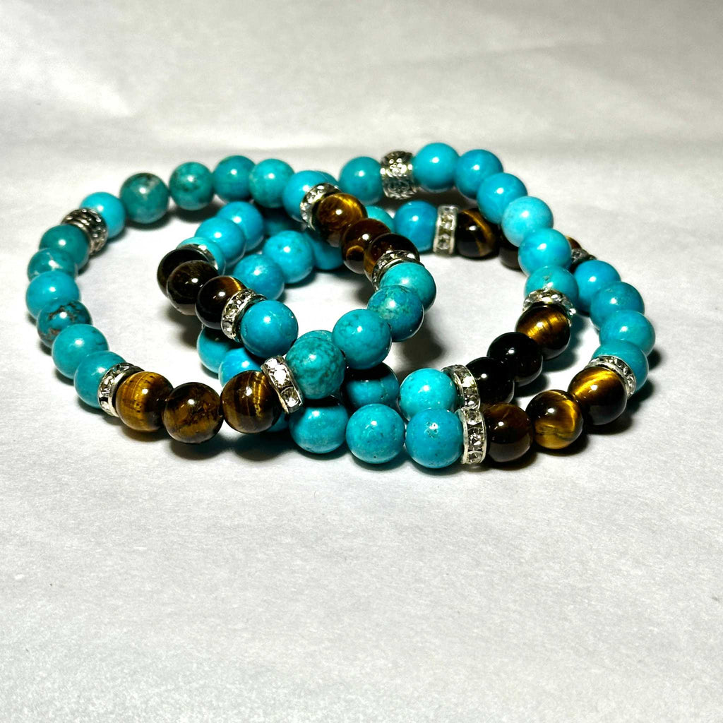 8mm blue howlite and tiger eye bead bracelet, view 2