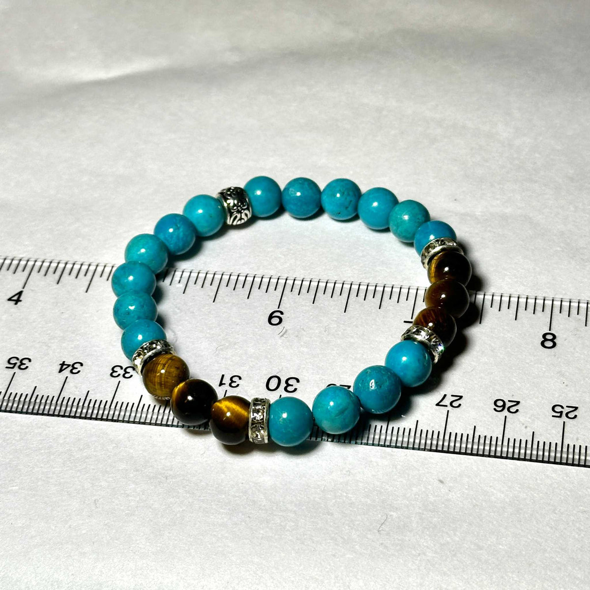 8mm blue howlite and tiger eye bead bracelet, view 4