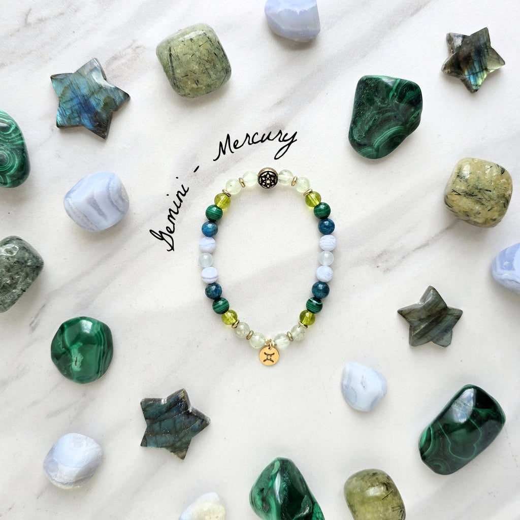Gemini zodiac gemstone stretch bracelet with prehnite and peridot beads and Gemini charm