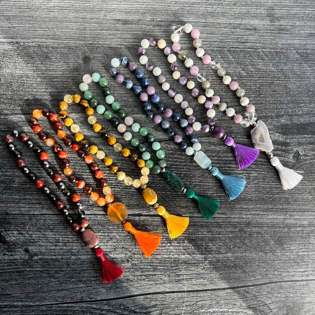 27-bead amethyst and moonstone third eye wrist mala, view 6