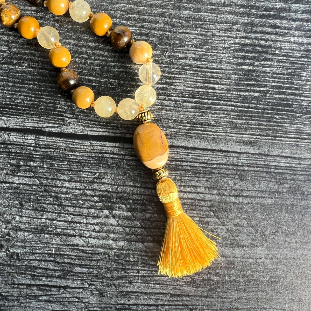 27-bead citrine and tiger eye solar plexus wrist mala, view 6
