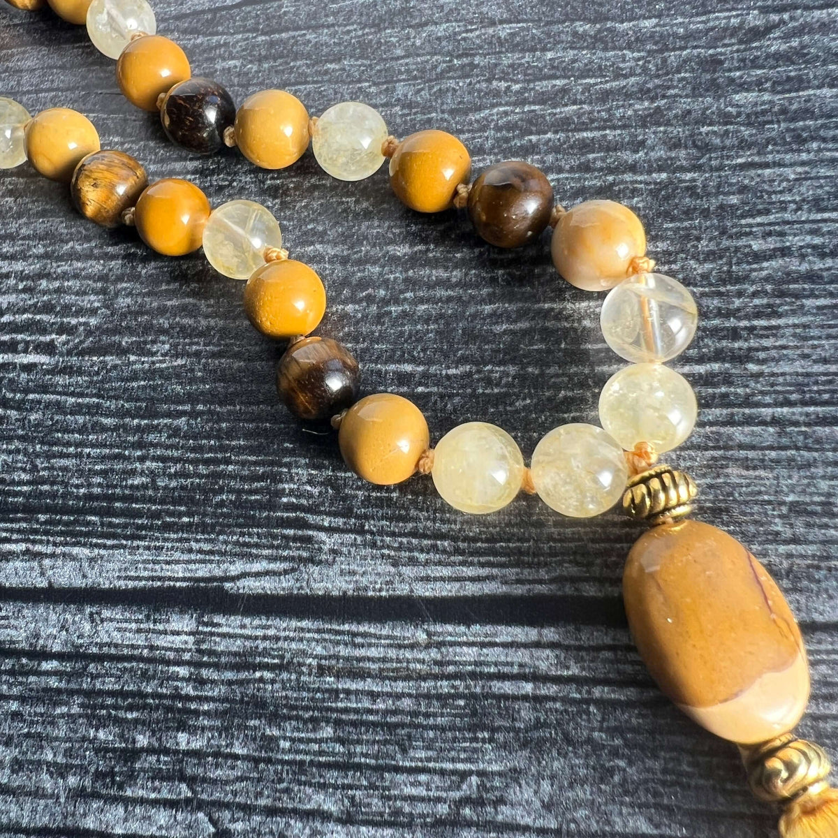 27-bead citrine and tiger eye solar plexus wrist mala, view 3