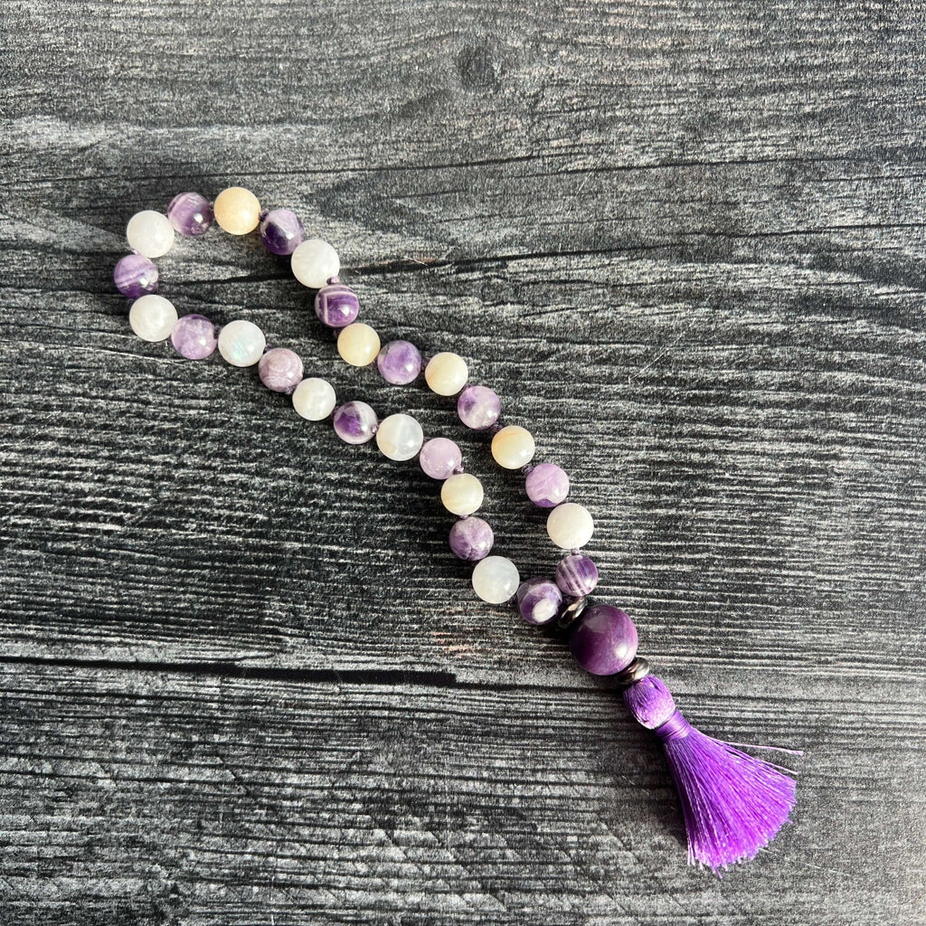 27-bead amethyst and moonstone third eye wrist mala