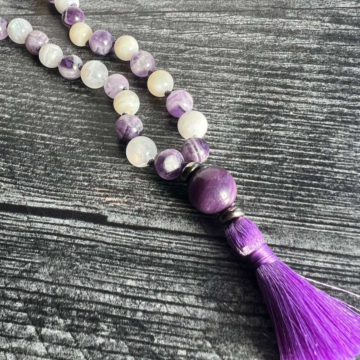 27-bead amethyst and moonstone third eye wrist mala, view 3