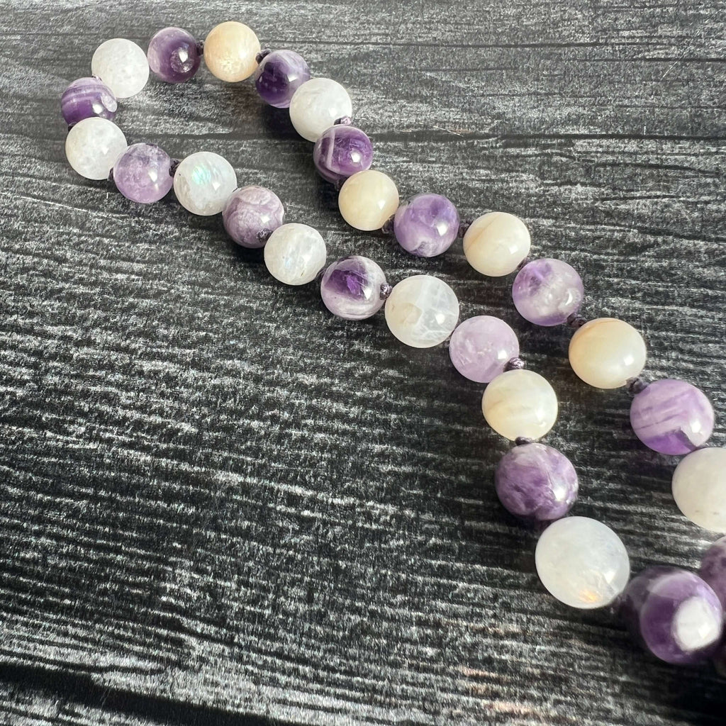 27-bead amethyst and moonstone third eye wrist mala, view 4