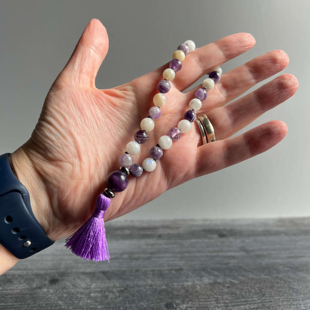 27-bead amethyst and moonstone third eye wrist mala, view 5