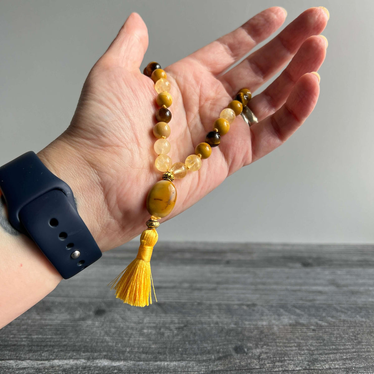27-bead citrine and tiger eye solar plexus wrist mala, view 4