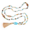 Calm Shores Meditation Mala with amazonite and wood opal beads and sandy brown tassel
