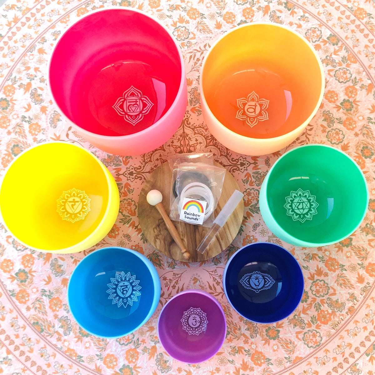 Crystal Singing Bowl Set of 3 – Rainbow Color Matte Quartz, 7–11 in