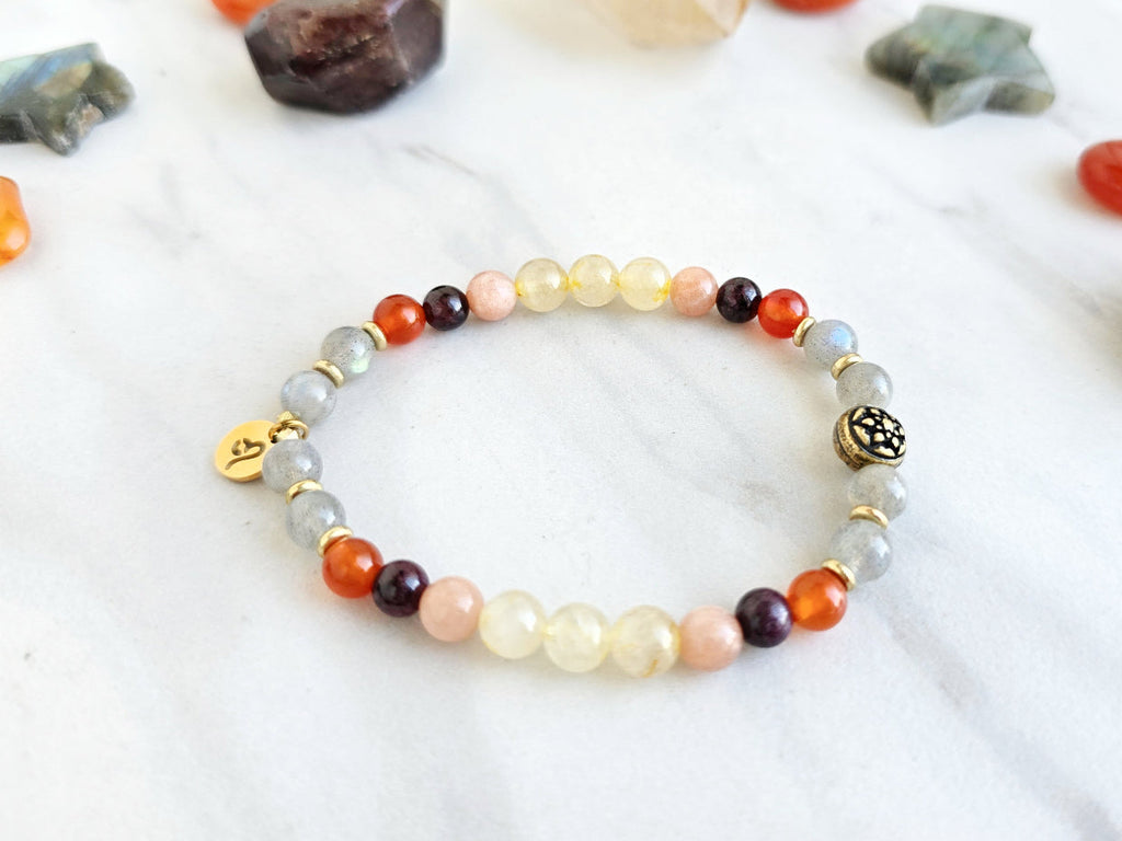 Leo zodiac gemstone stretch bracelet with labradorite and carnelian beads and Leo charm, view 2