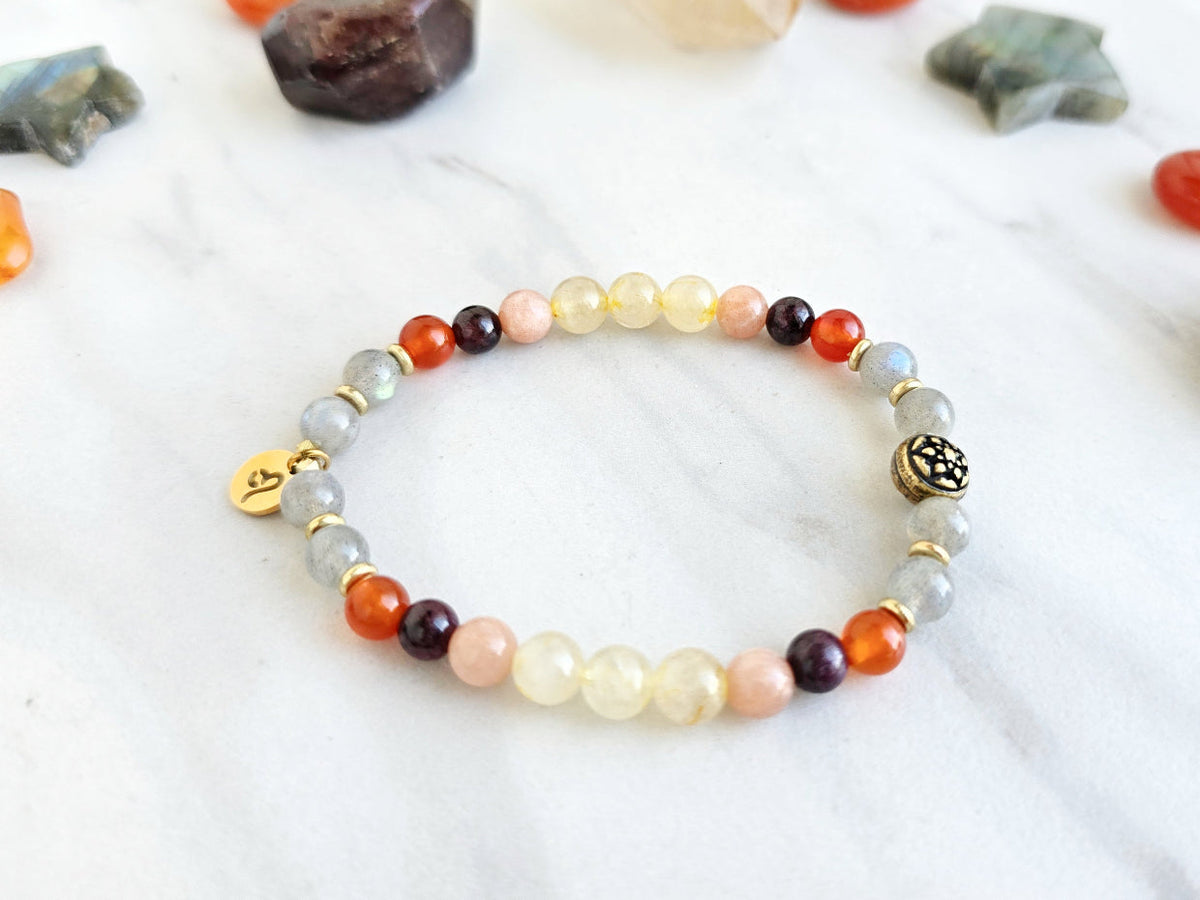 Leo zodiac gemstone stretch bracelet with labradorite and carnelian beads and Leo charm, view 2
