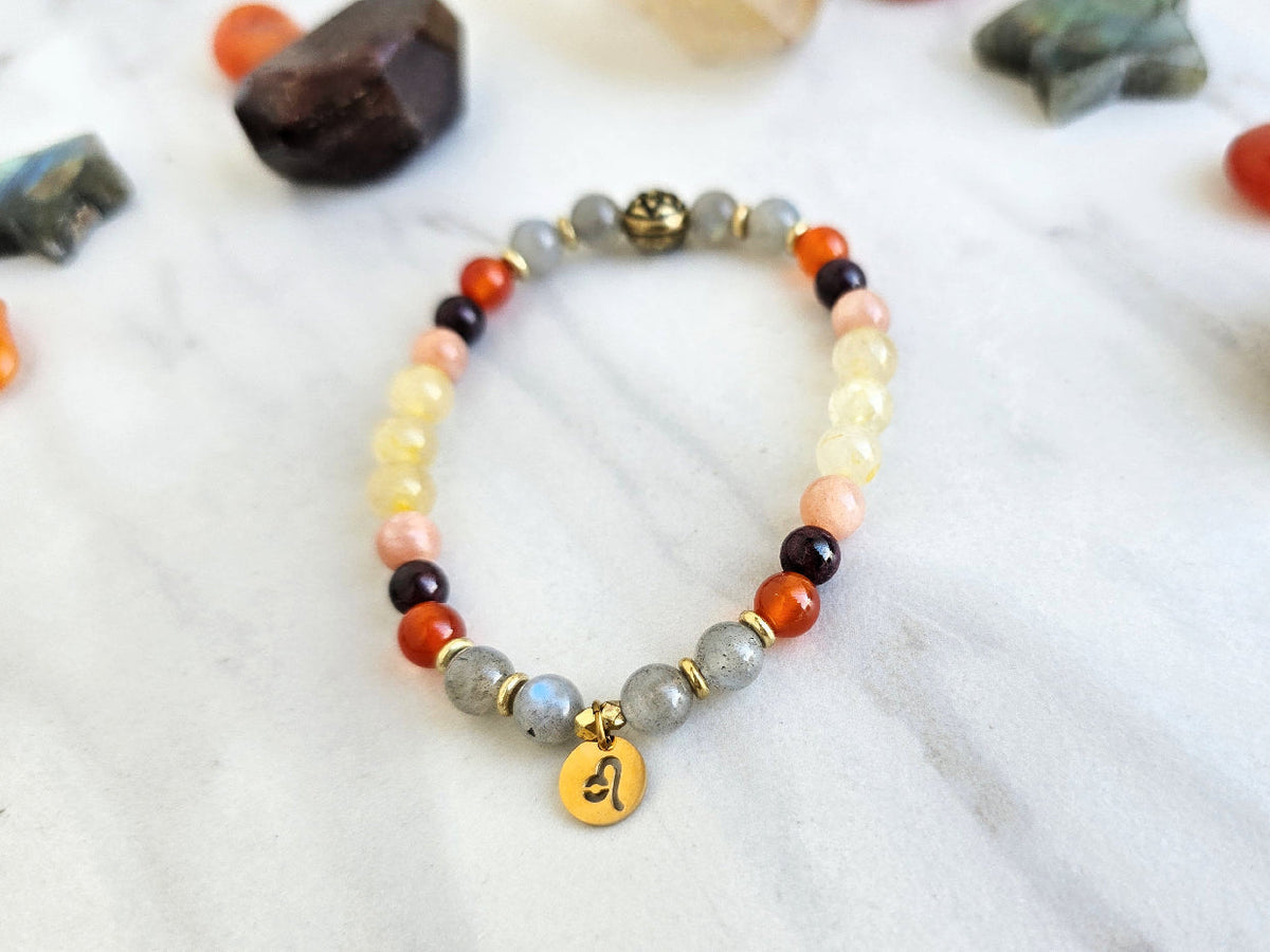 Leo zodiac gemstone stretch bracelet with labradorite and carnelian beads and Leo charm, view 3