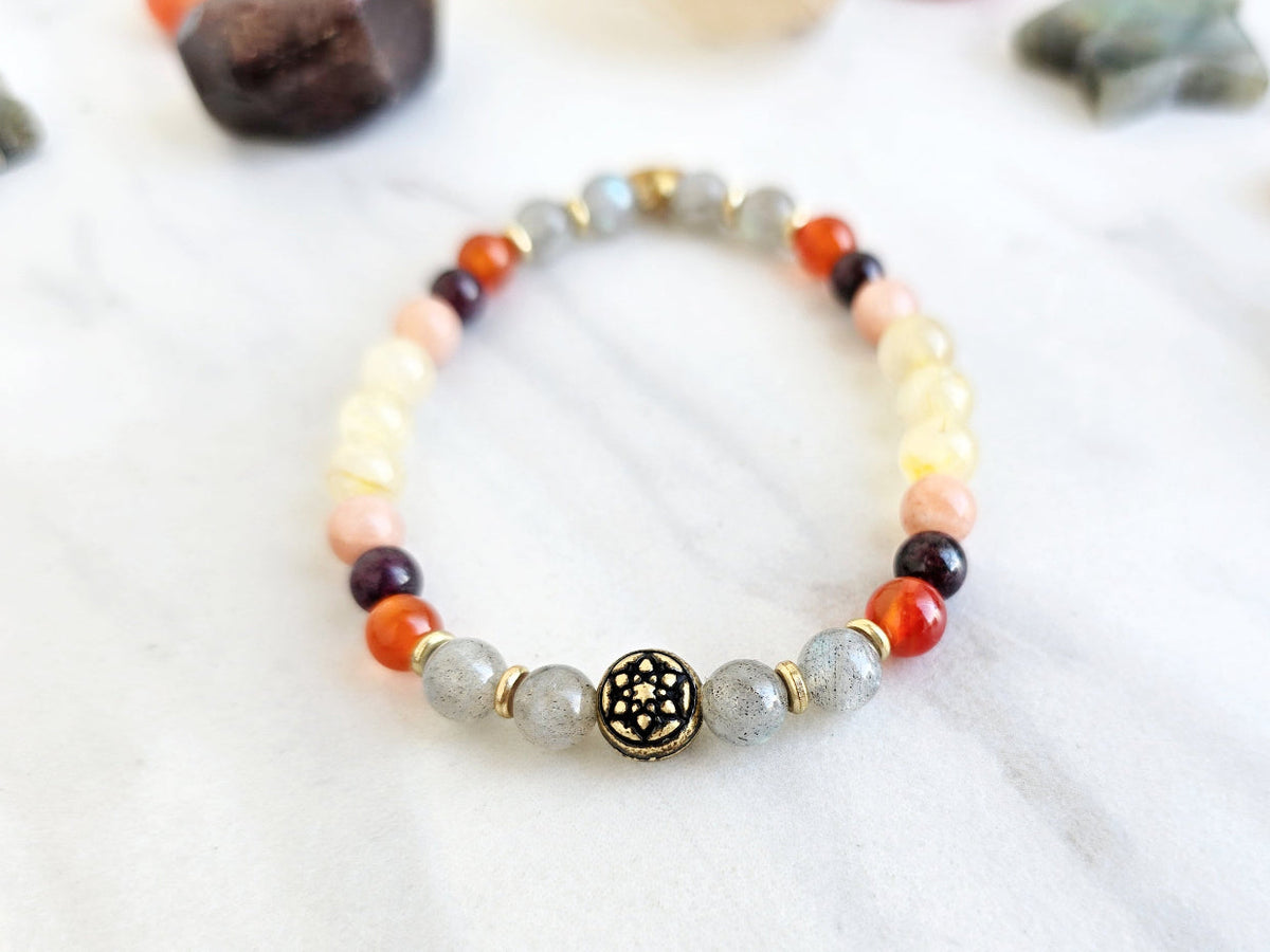 Leo zodiac gemstone stretch bracelet with labradorite and carnelian beads and Leo charm, view 4