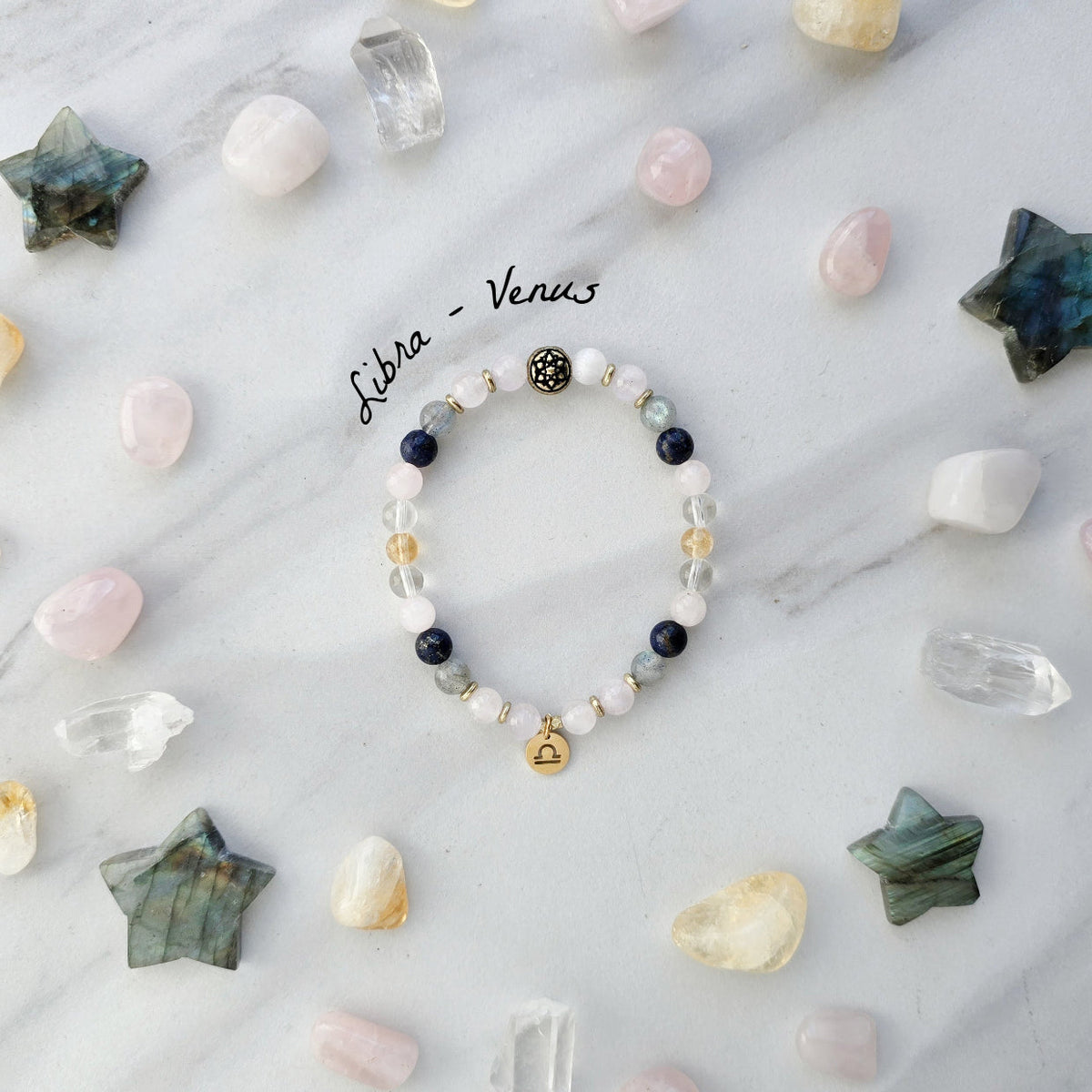 Libra zodiac gemstone stretch bracelet with lapis lazuli and kunzite beads and Libra charm