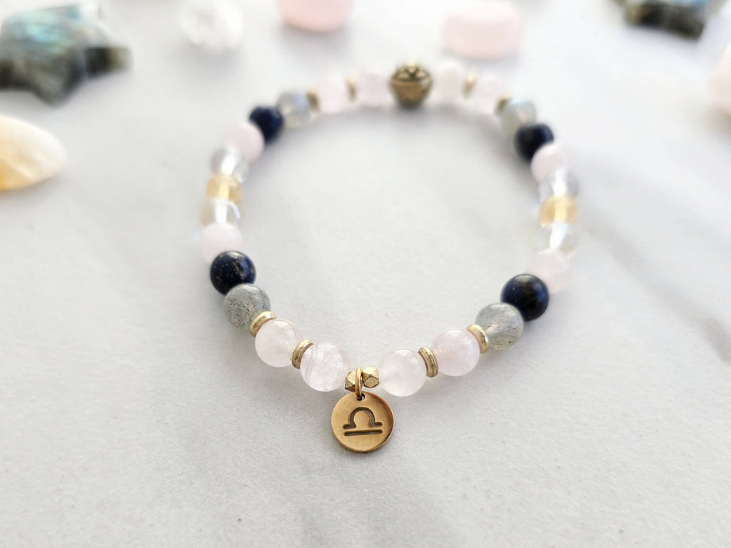 Libra zodiac gemstone stretch bracelet with lapis lazuli and kunzite beads and Libra charm, view 4