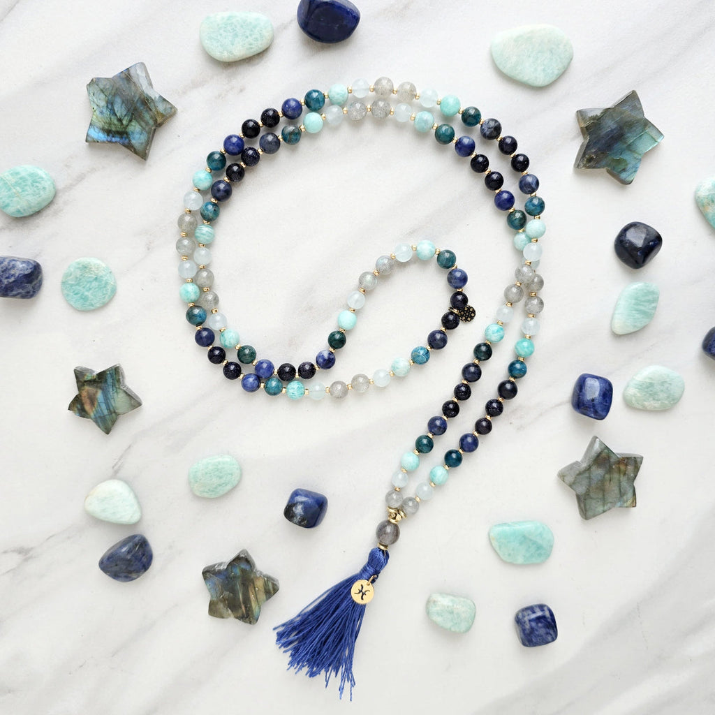 Pisces zodiac mala necklace with labradorite and amazonite beads, Pisces charm and tassel