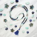Pisces zodiac mala necklace with labradorite and amazonite beads, Pisces charm and tassel
