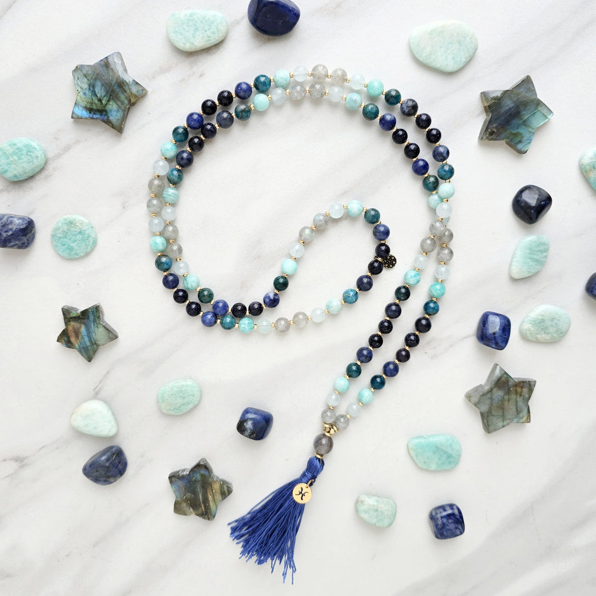 Pisces zodiac mala necklace with labradorite and amazonite beads, Pisces charm and tassel