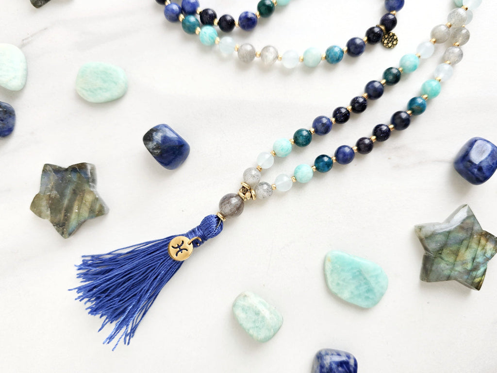 Pisces zodiac mala necklace with labradorite and amazonite beads, Pisces charm and tassel, view 2