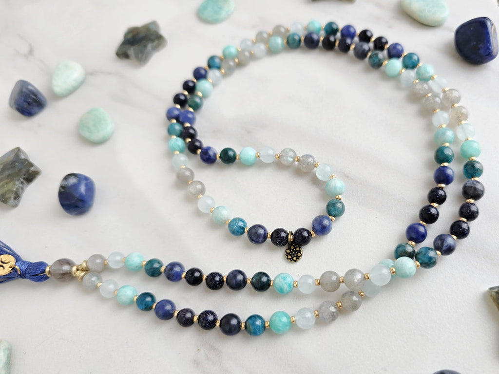 Pisces zodiac mala necklace with labradorite and amazonite beads, Pisces charm and tassel, view 3