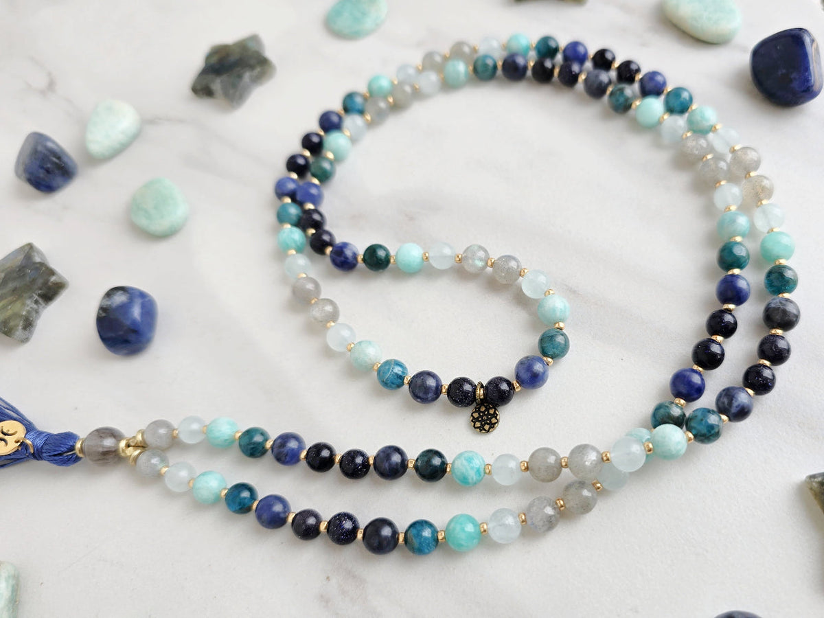 Pisces zodiac mala necklace with labradorite and amazonite beads, Pisces charm and tassel, view 3