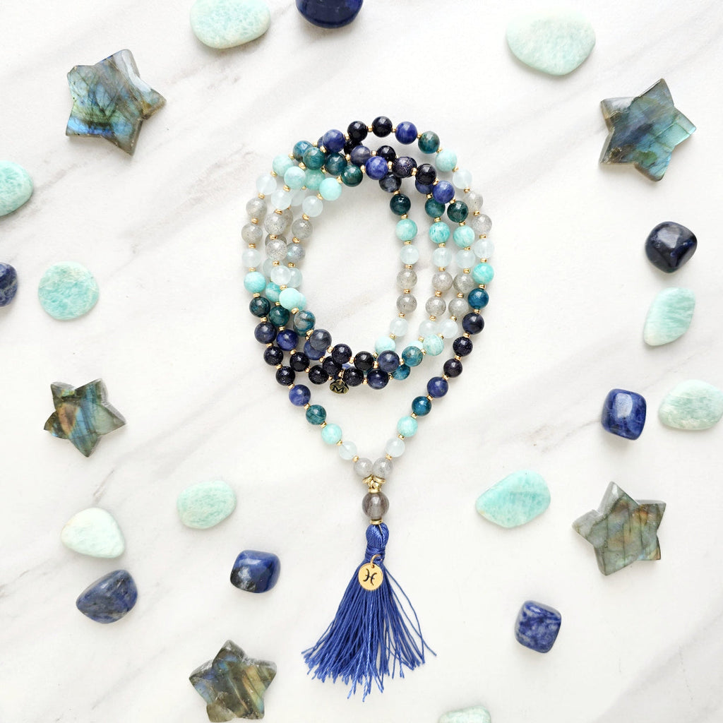 Pisces zodiac mala necklace with labradorite and amazonite beads, Pisces charm and tassel, view 4