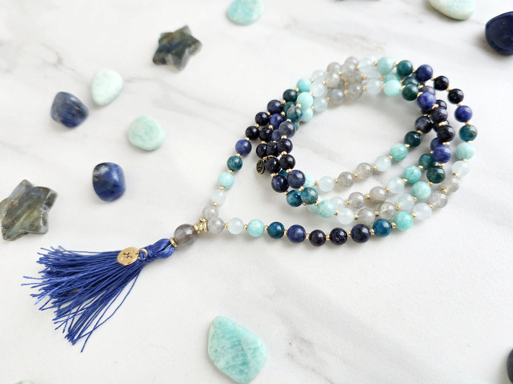 Pisces zodiac mala necklace with labradorite and amazonite beads, Pisces charm and tassel, view 5