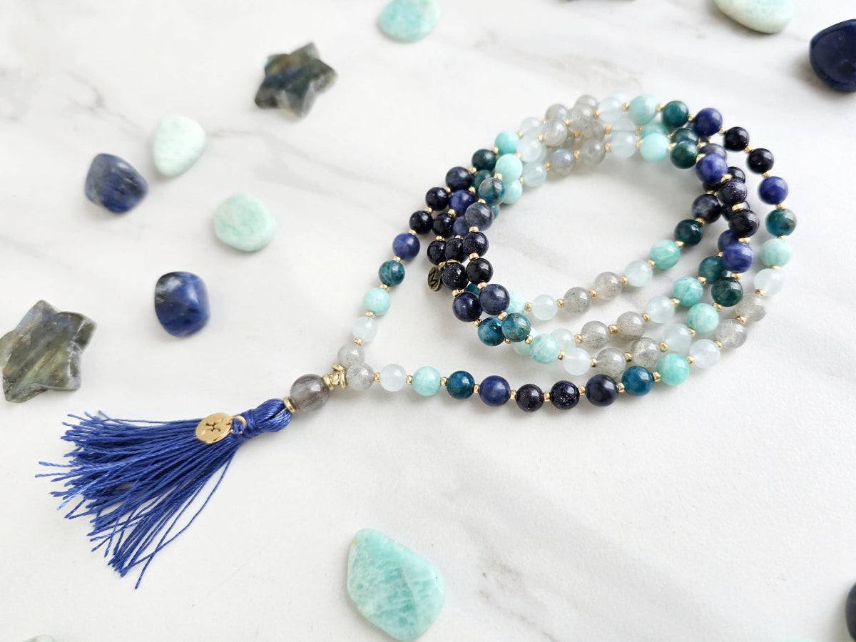 Pisces zodiac mala necklace with labradorite and amazonite beads, Pisces charm and tassel, view 5