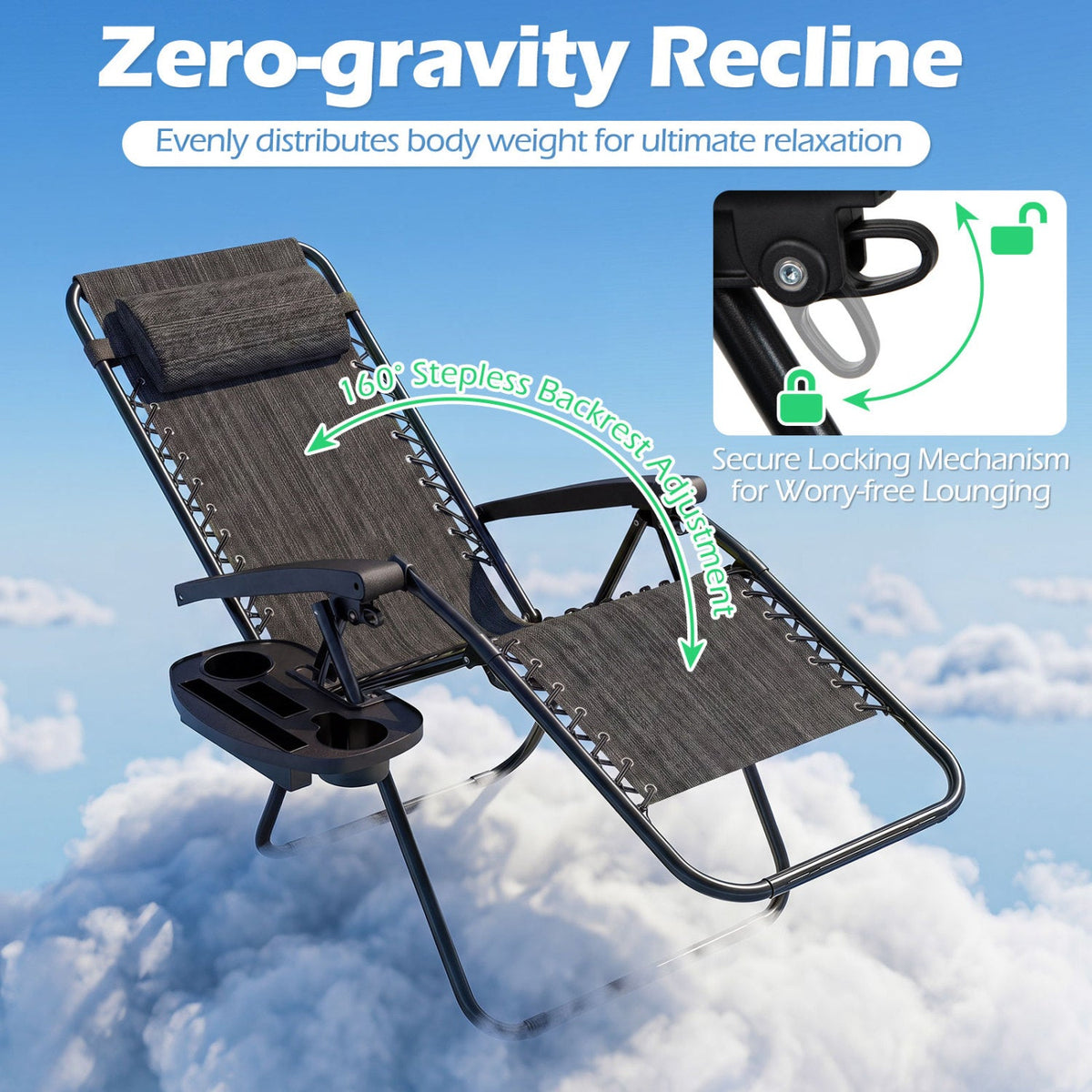 Zero Gravity Lounge Chairs, Set of 2, with Cup Holders