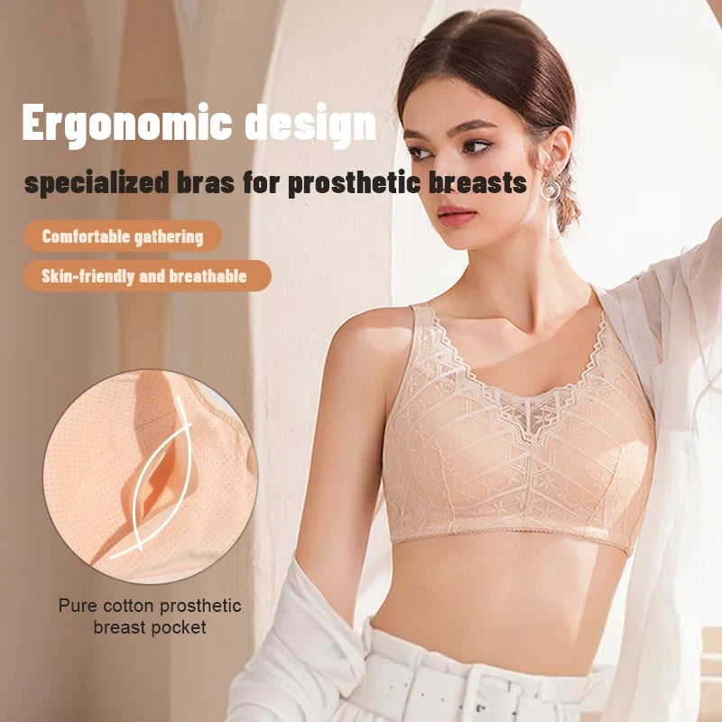 Wire-free cotton mastectomy bra with inner pockets for breast forms, view 2