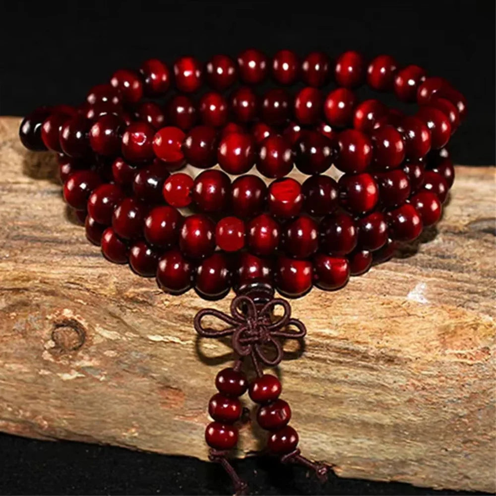 Sandalwood 108-bead prayer mala wrapped as a bracelet, view 5