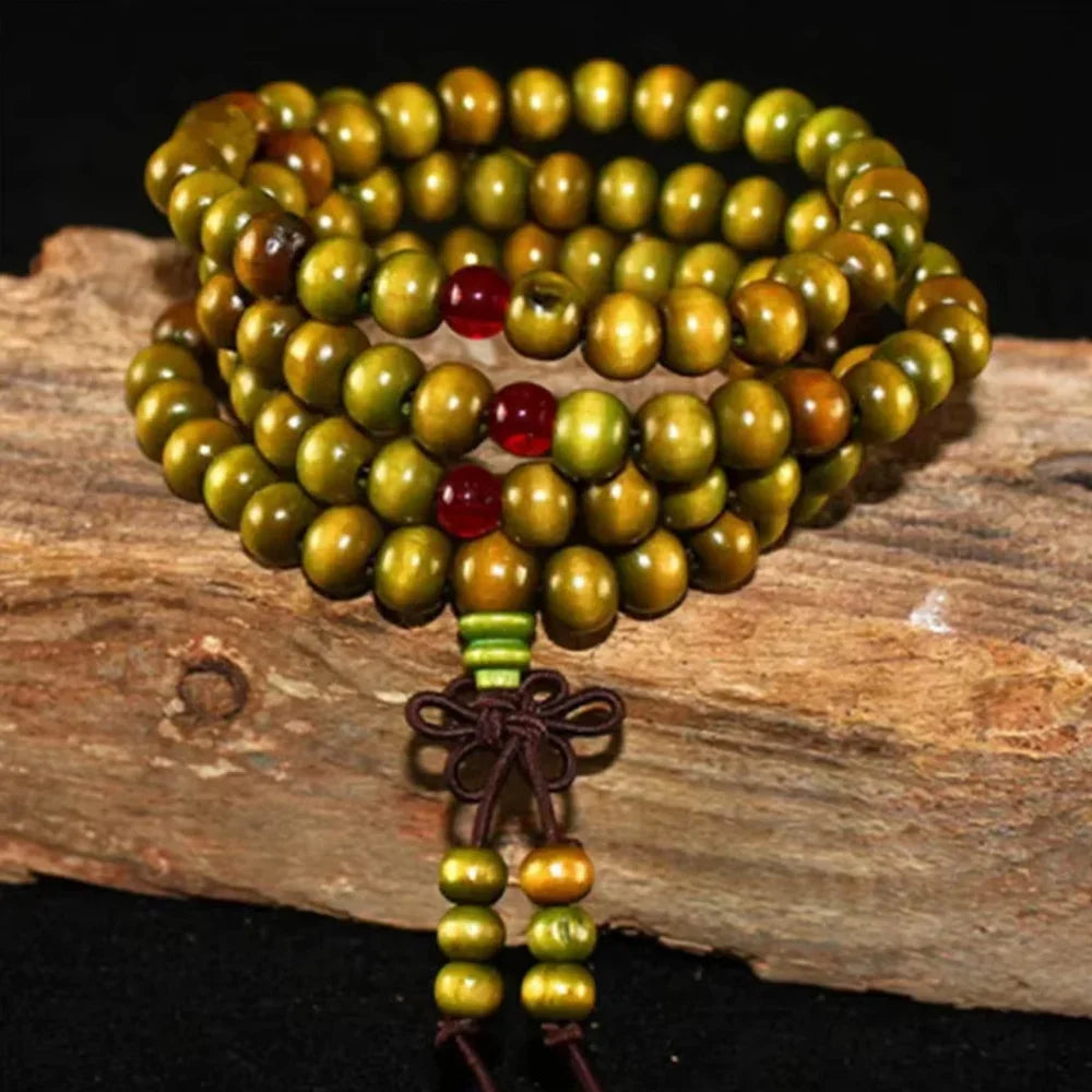 Sandalwood 108-bead prayer mala wrapped as a bracelet, view 4