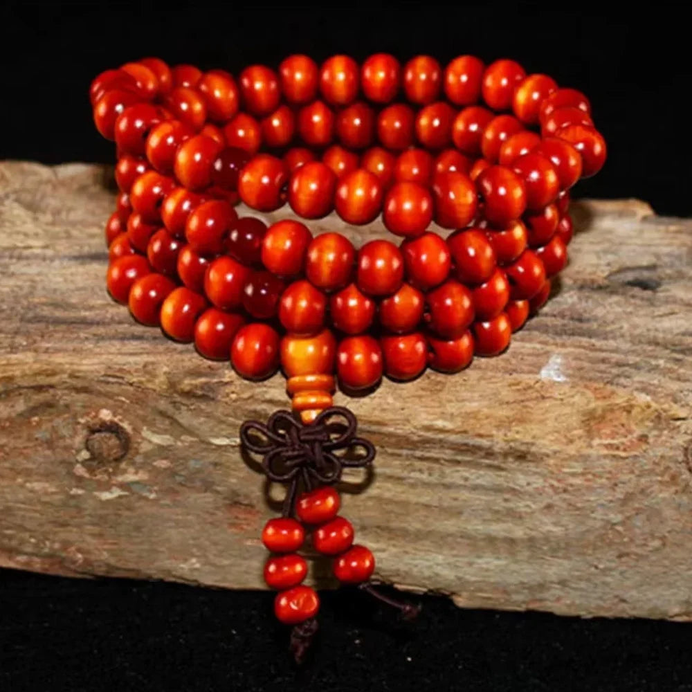 Sandalwood 108-bead prayer mala wrapped as a bracelet, view 2