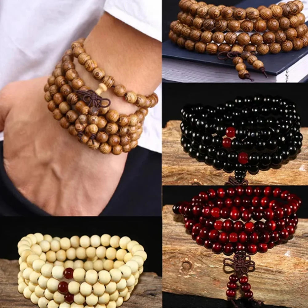 Sandalwood 108-bead prayer mala wrapped as a bracelet