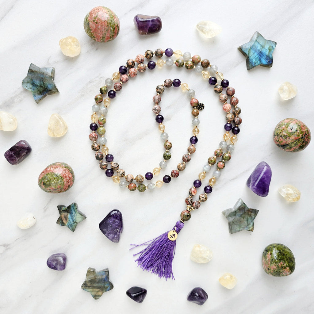 Sagittarius zodiac mala necklace with leopard skin jasper and amethyst beads, Sagittarius charm and tassel