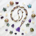 Sagittarius zodiac mala necklace with leopard skin jasper and amethyst beads, Sagittarius charm and tassel