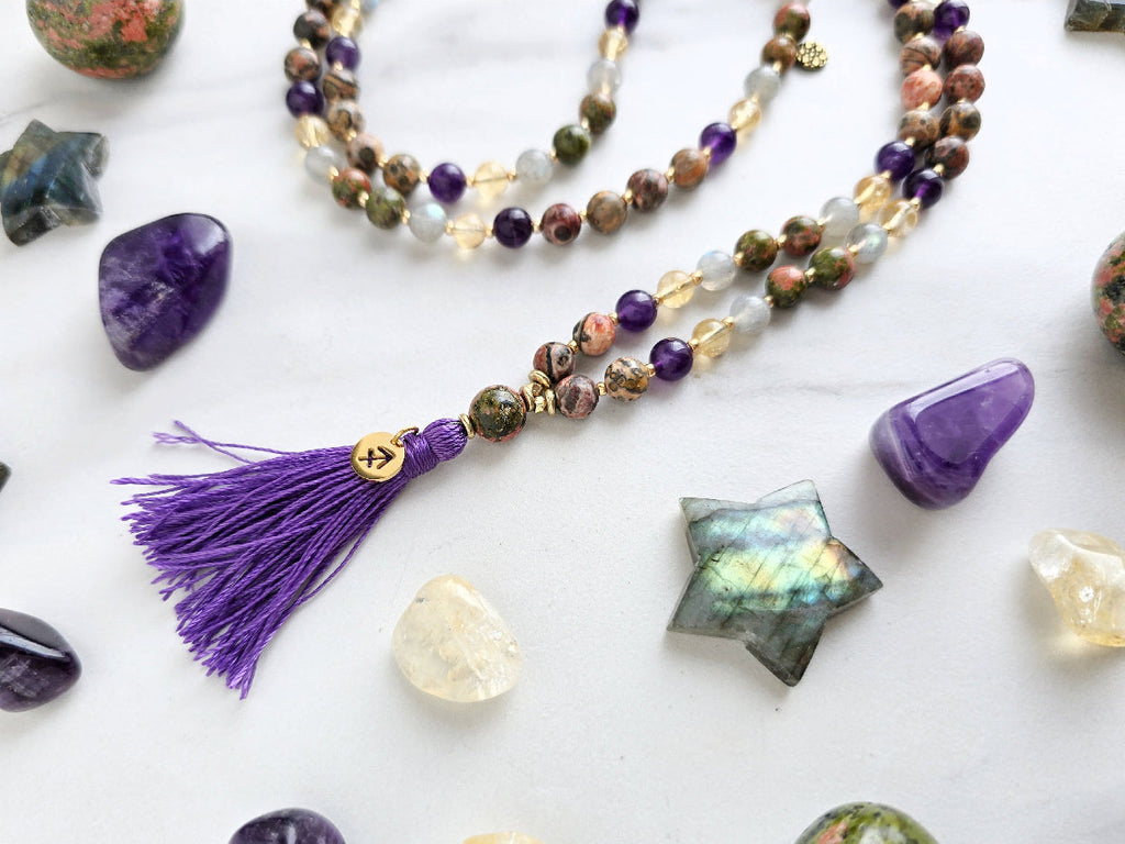Sagittarius zodiac mala necklace with leopard skin jasper and amethyst beads, Sagittarius charm and tassel, view 2