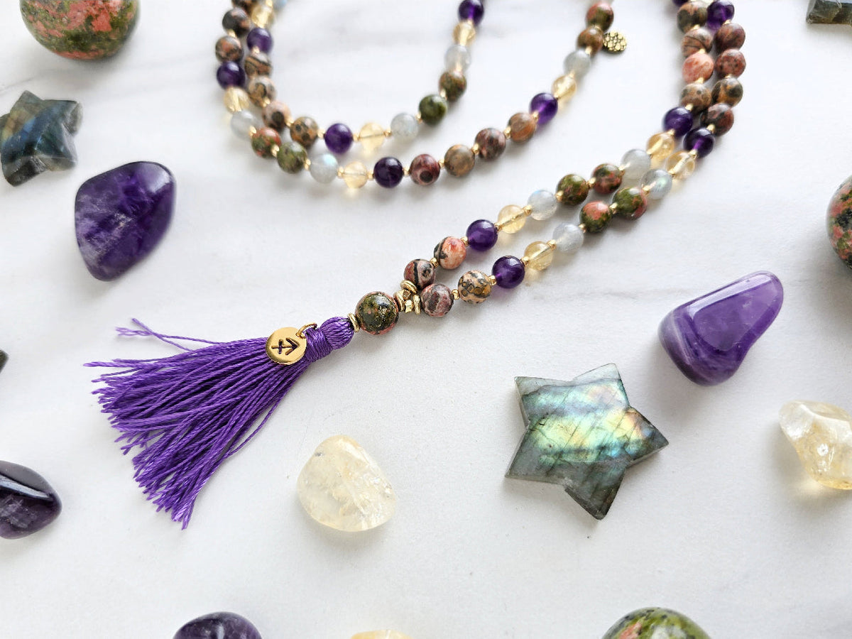 Sagittarius zodiac mala necklace with leopard skin jasper and amethyst beads, Sagittarius charm and tassel, view 2