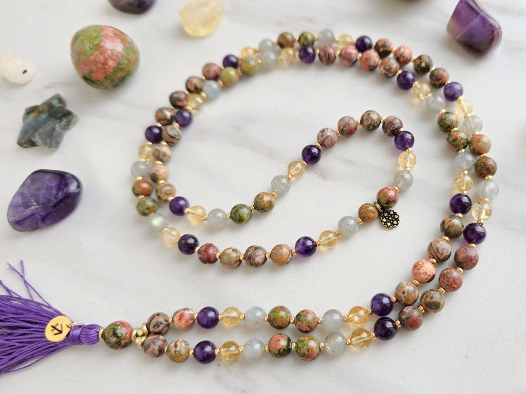 Sagittarius zodiac mala necklace with leopard skin jasper and amethyst beads, Sagittarius charm and tassel, view 3