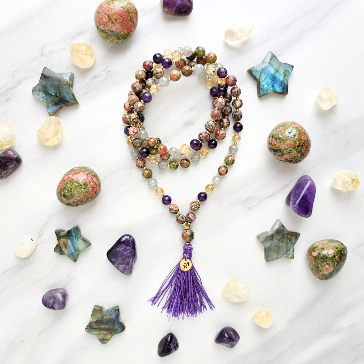 Sagittarius zodiac mala necklace with leopard skin jasper and amethyst beads, Sagittarius charm and tassel, view 4