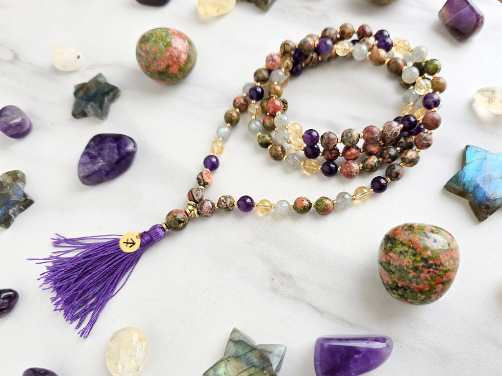 Sagittarius zodiac mala necklace with leopard skin jasper and amethyst beads, Sagittarius charm and tassel, view 5