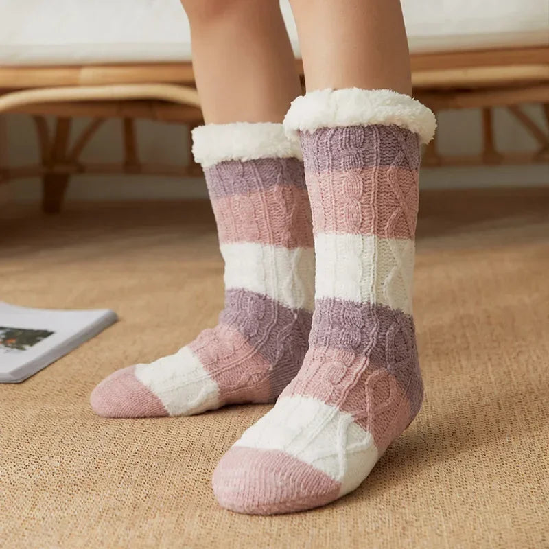 Fuzzy Fleece-Lined Thermal Slipper Socks with Grips