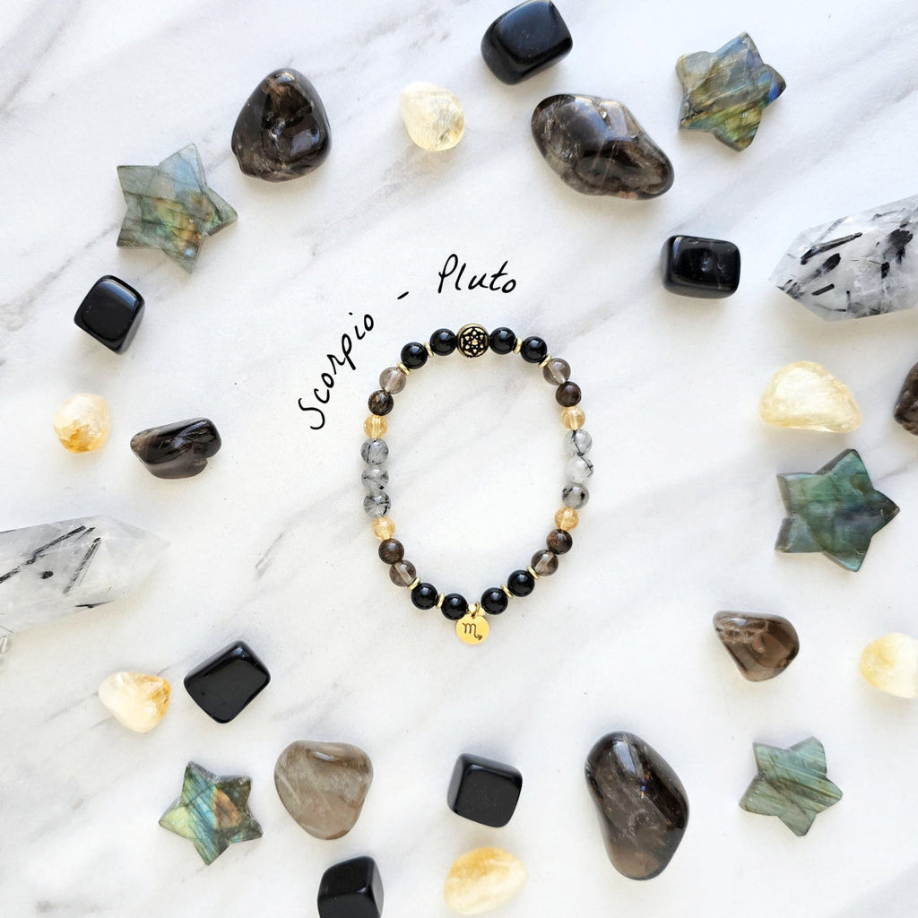 Scorpio zodiac gemstone stretch bracelet with obsidian and smoky quartz beads and Scorpio charm