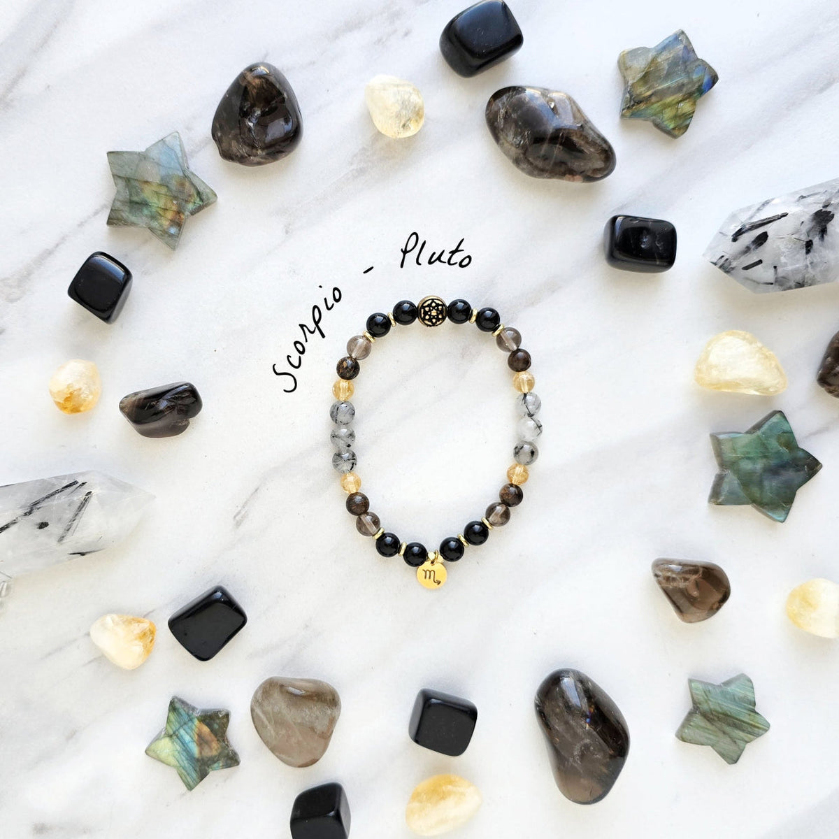 Scorpio zodiac gemstone stretch bracelet with obsidian and smoky quartz beads and Scorpio charm