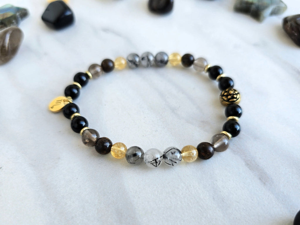 Scorpio zodiac gemstone stretch bracelet with obsidian and smoky quartz beads and Scorpio charm, view 2