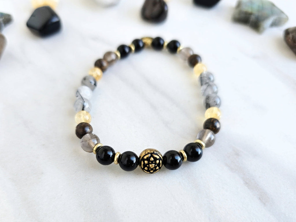 Scorpio zodiac gemstone stretch bracelet with obsidian and smoky quartz beads and Scorpio charm, view 3